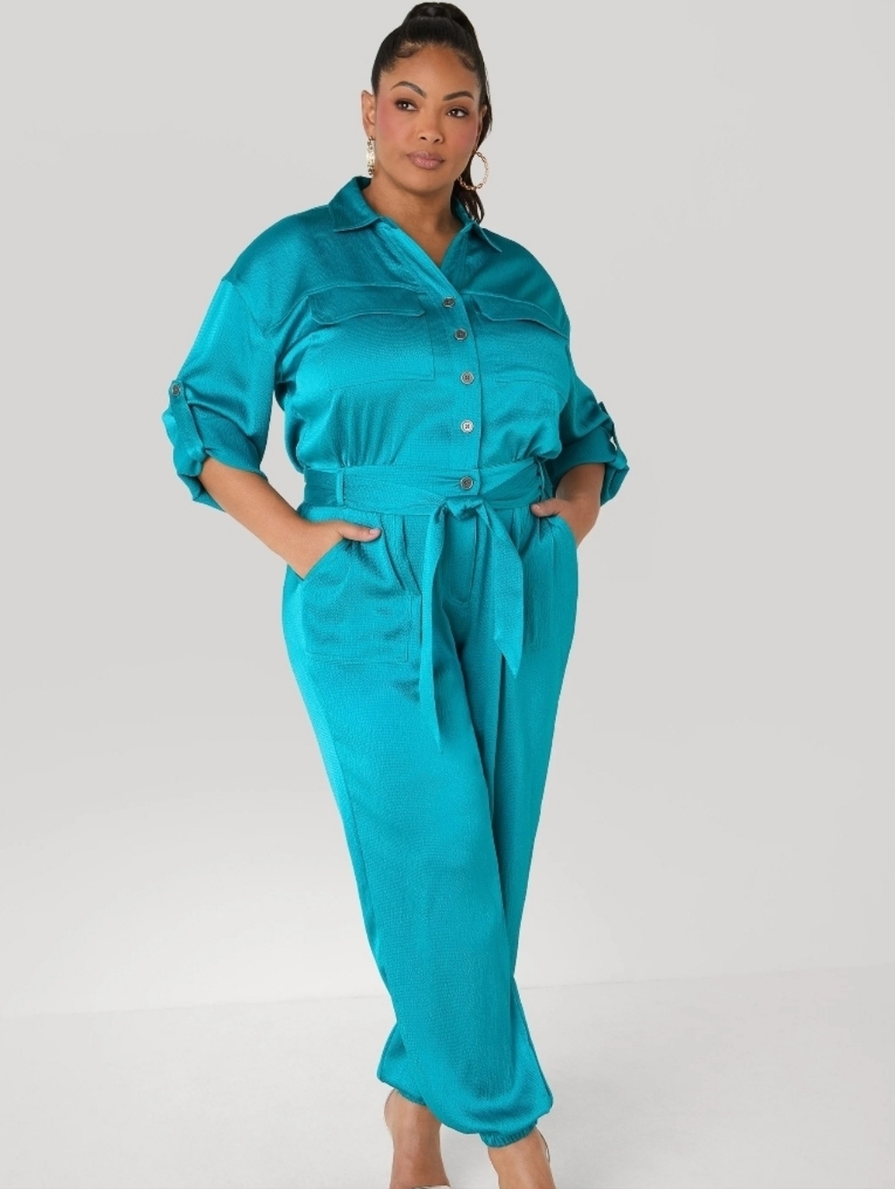 Plus Size Teal Utility Jumpsuit with Tie Waist